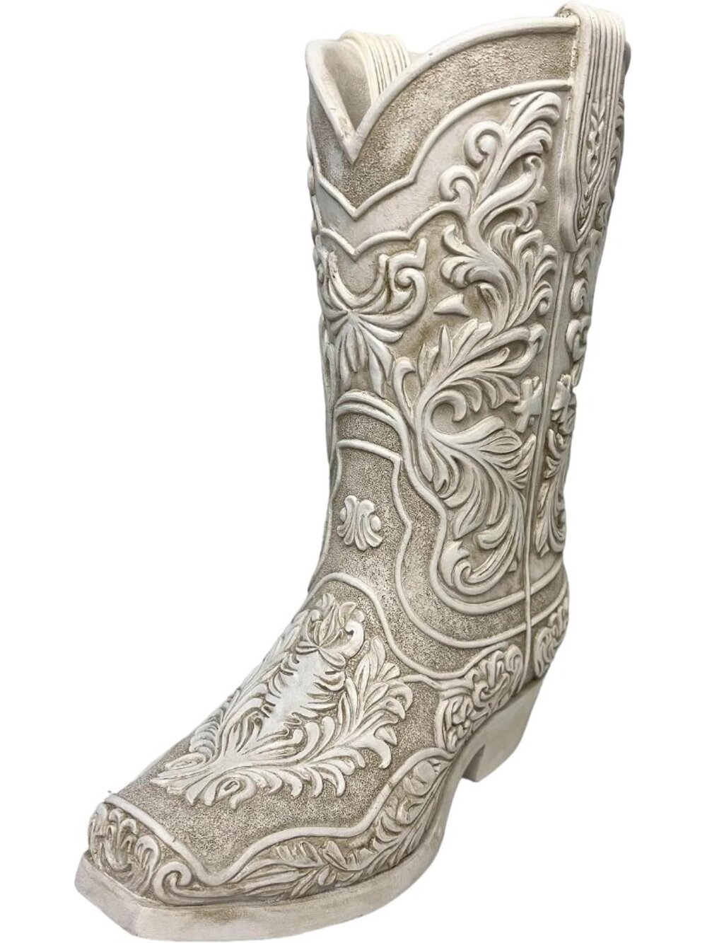 Cowgirl Boot Flower Vase – 9” Tall Antique White Finish with Intricate Tooled Le